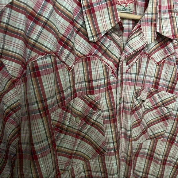 Wrangler Mens Short Sleeve Snap Close Red/white/orange/silver Plaid Shirt Sz XL - Picture 8 of 16